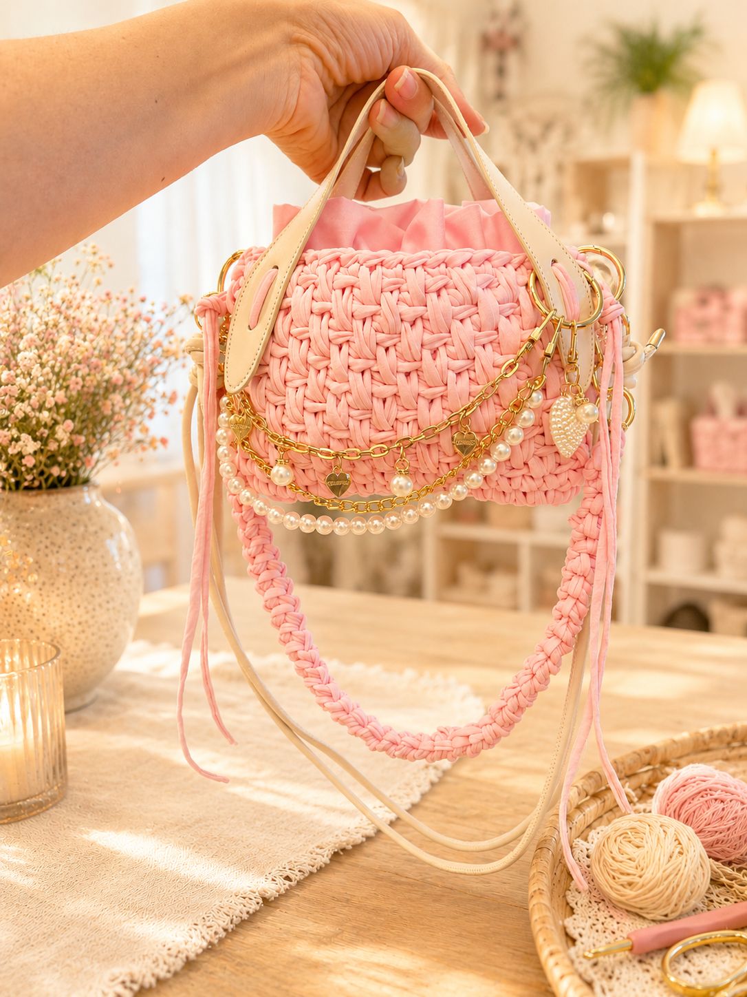 Rosa handgemachte Duduhook Tasche mit cremefarbenen Griffen, Goldketten, Perlen und Herz-Charms