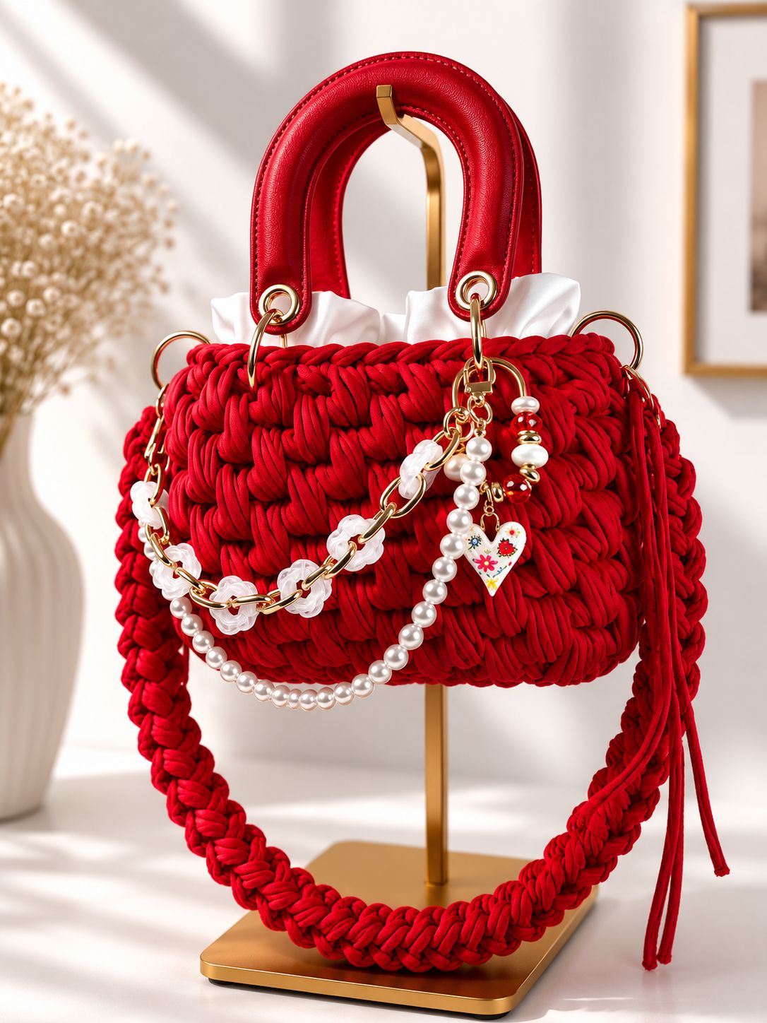 Rote handgemachte Duduhook Tasche mit rotem Henkel, Perlen und floralem Herz-Charm