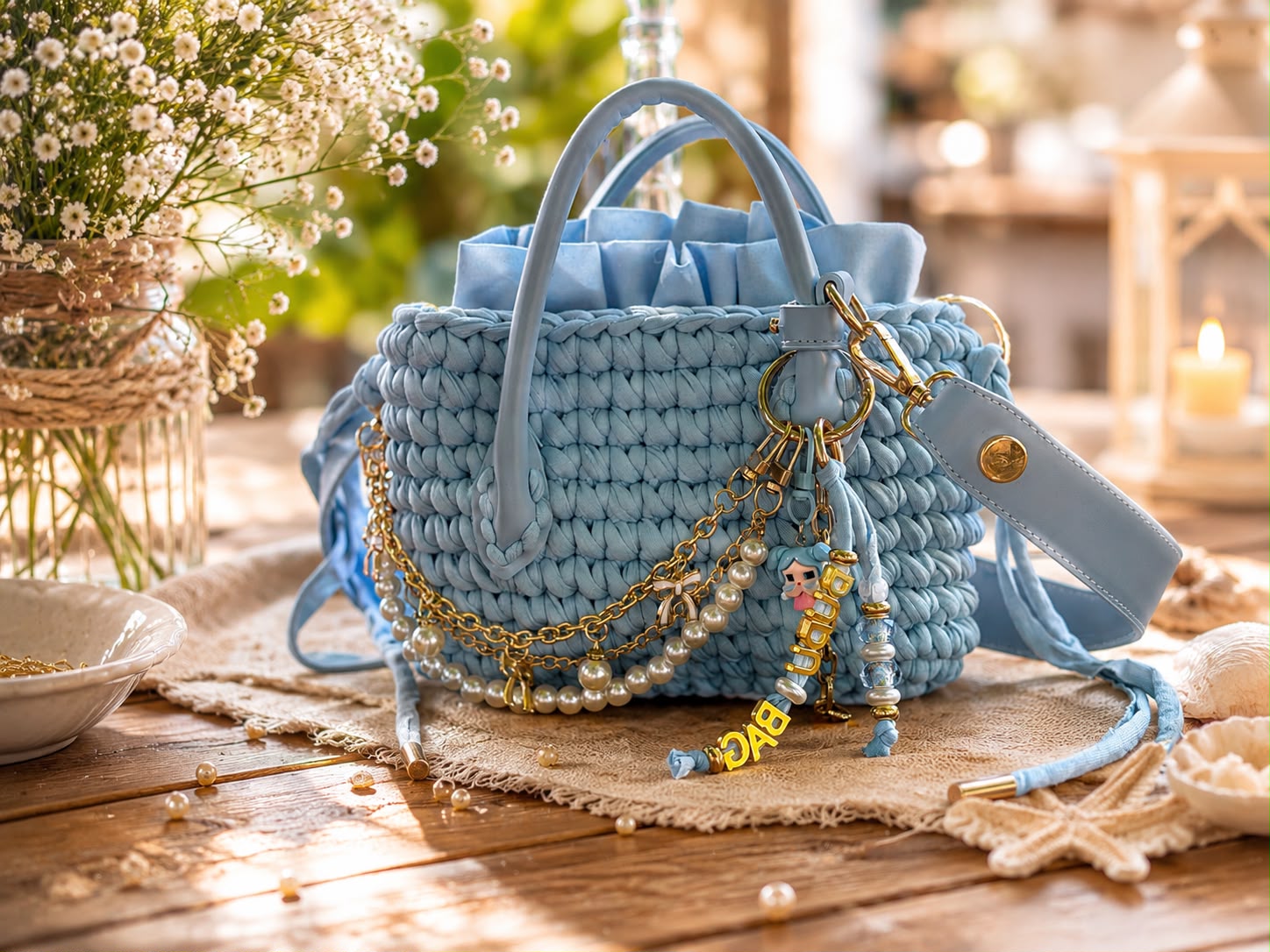 Hellblaue handgemachte Duduhook Tasche mit Goldketten, Perlenbogen und Dudu-Charms