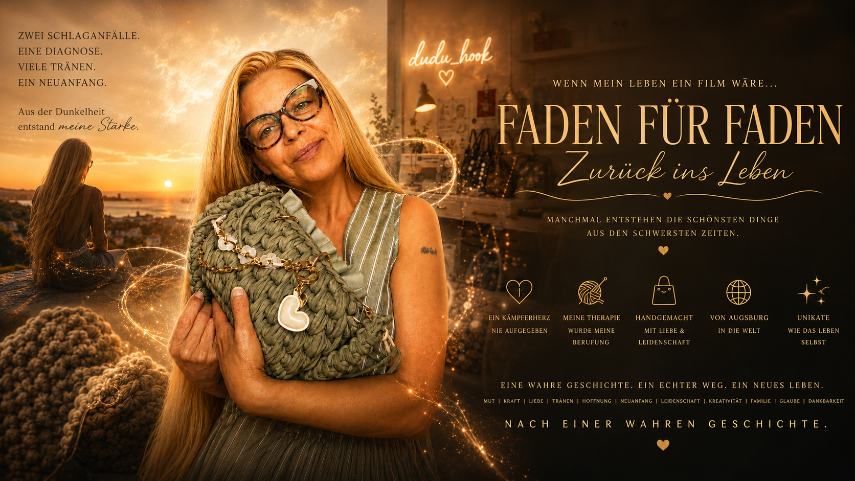 Duduhook Startseitenmotiv Faden für Faden zurück ins Leben mit handgemachter Tasche